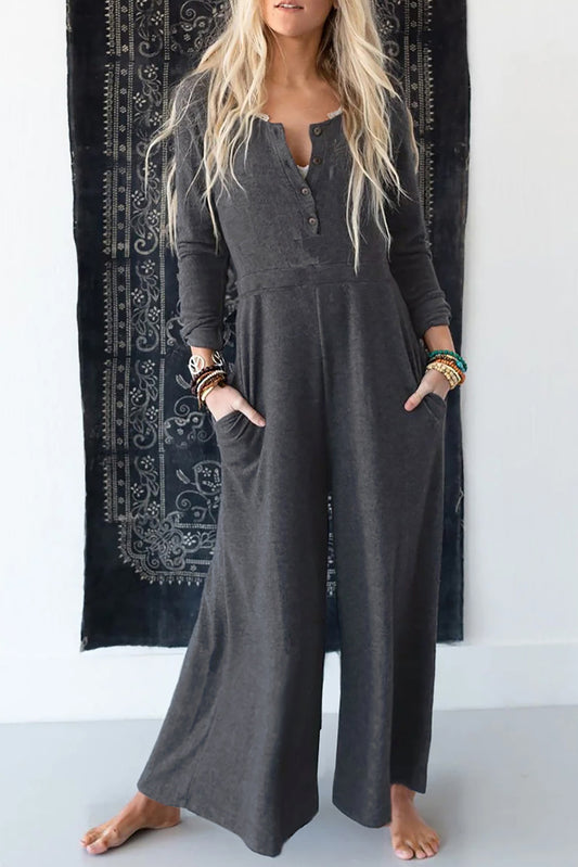 Gray Button Long Sleeve Wide Leg Jumpsuit - Premium Bottoms from Momma Done Gone Crafty- Just $49.20! Shop now at Momma Done Gone Crafty