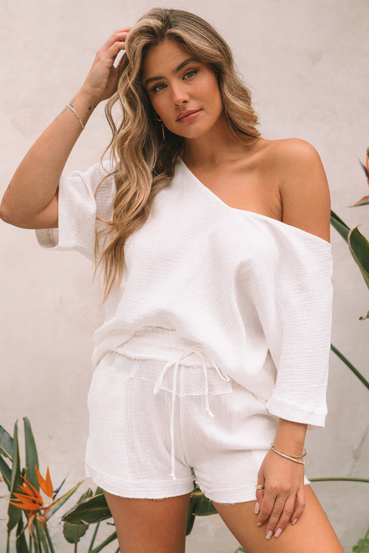 White Relaxed V Neck Blouse and Drawstring Raw Hem Shorts Set - Premium Loungewear from Momma Done Gone Crafty- Just $36.99! Shop now at Momma Done Gone Crafty