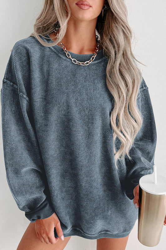 Blue Solid Ribbed Knit Round Neck Pullover Sweatshirt - Premium Tops from Momma Done Gone Crafty- Just $40.99! Shop now at Momma Done Gone Crafty