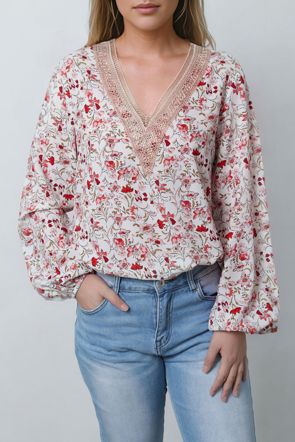 White Floral Long Sleeve Lace V-Neck Blouse - Premium Tops from Momma Done Gone Crafty- Just $29.88! Shop now at Momma Done Gone Crafty