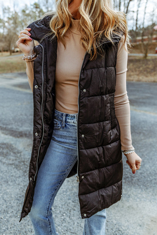 Black Hooded Long Quilted Vest Coat - Premium Outerwear from Momma Done Gone Crafty- Just $62.99! Shop now at Momma Done Gone Crafty