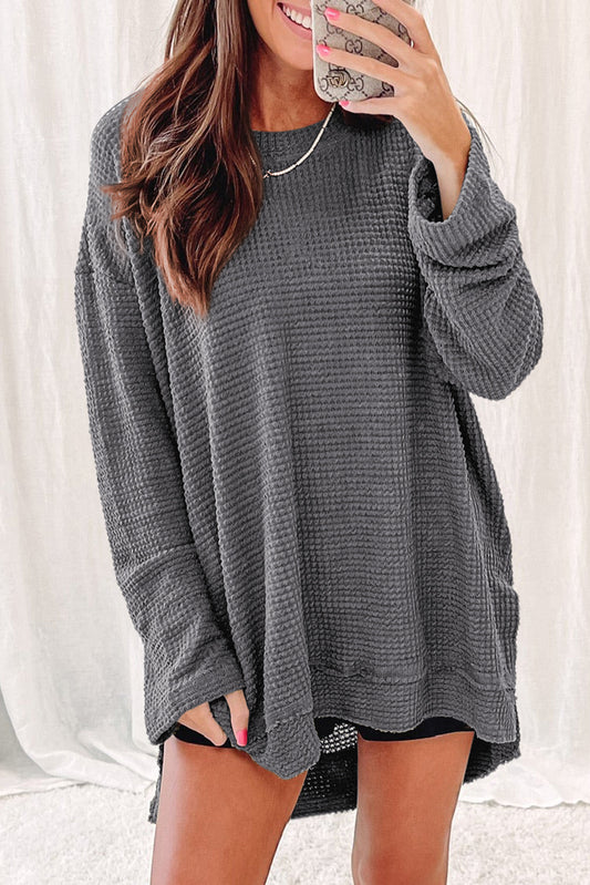 Gray Waffle Knit High Slits Oversized Top - Premium Tops from Momma Done Gone Crafty- Just $32.97! Shop now at Momma Done Gone Crafty