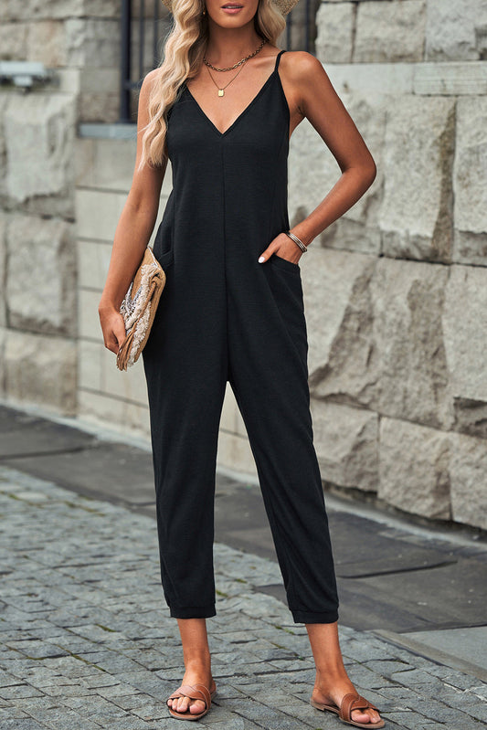 Black Textured Sleeveless V-Neck Pocketed Casual Jumpsuit - Premium Bottoms from Momma Done Gone Crafty- Just $26.99! Shop now at Momma Done Gone Crafty
