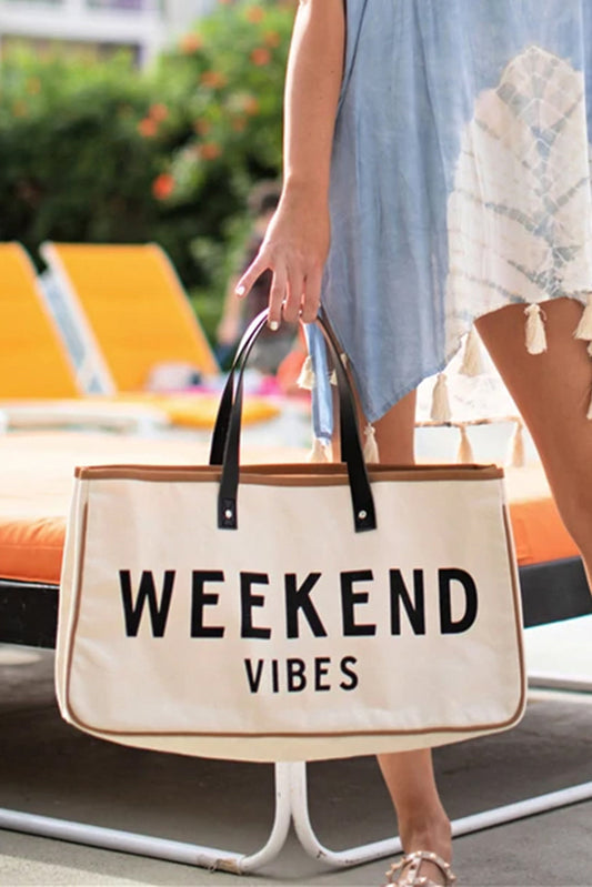 White WEEKEND VIBES Canvas Tote - Premium Shoes & Bags from Momma Done Gone Crafty- Just $25.99! Shop now at Momma Done Gone Crafty