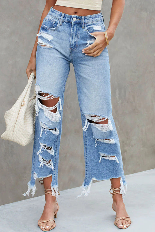 Sky Blue Heavy Destroyed High Waist Jeans - Premium Bottoms from Momma Done Gone Crafty- Just $71.55! Shop now at Momma Done Gone Crafty