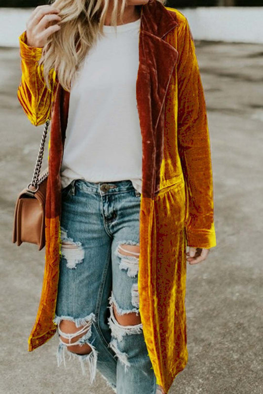 Yellow Retro Velvet Long Sleeve Pocket Coat - Premium Outerwear from Momma Done Gone Crafty- Just $30.00! Shop now at Momma Done Gone Crafty