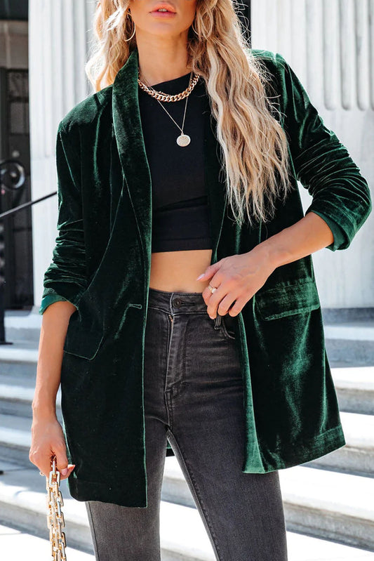 Green Casual Pocketed Velvet Blazer - Premium Outerwear from Momma Done Gone Crafty- Just $36.00! Shop now at Momma Done Gone Crafty