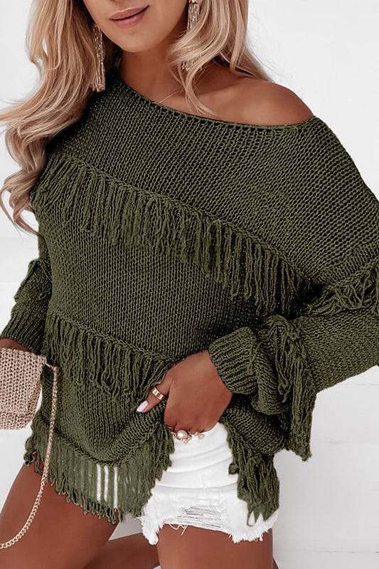 Green Boho Tasseled Knitted Sweater - Premium Tops from Momma Done Gone Crafty- Just $43.20! Shop now at Momma Done Gone Crafty