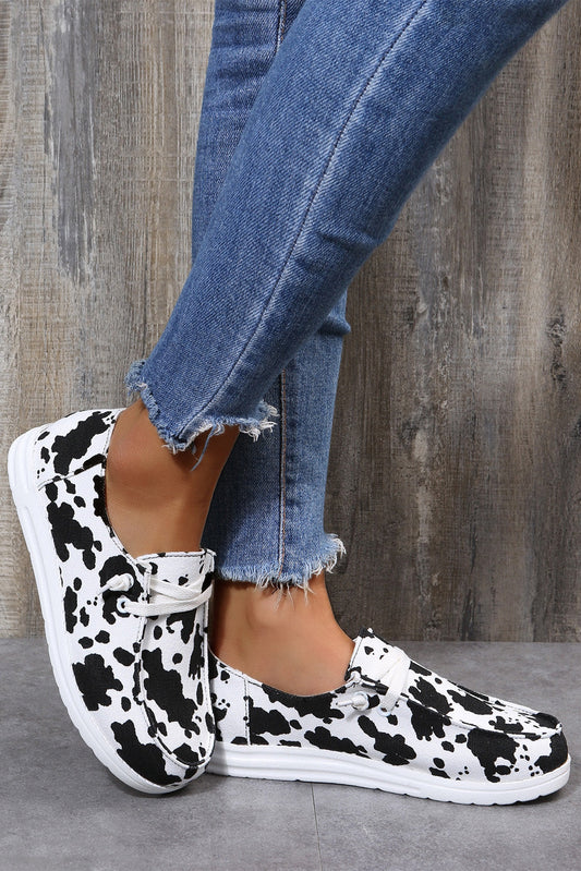 White Cow Print Lace Up Round Toe Flat Sneakers - Premium Shoes & Bags from Momma Done Gone Crafty- Just $28.99! Shop now at Momma Done Gone Crafty