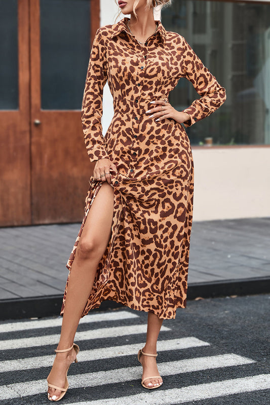 Leopard Button-Up Long Sleeve Maxi Dress - Premium Dresses from Momma Done Gone Crafty- Just $38.99! Shop now at Momma Done Gone Crafty