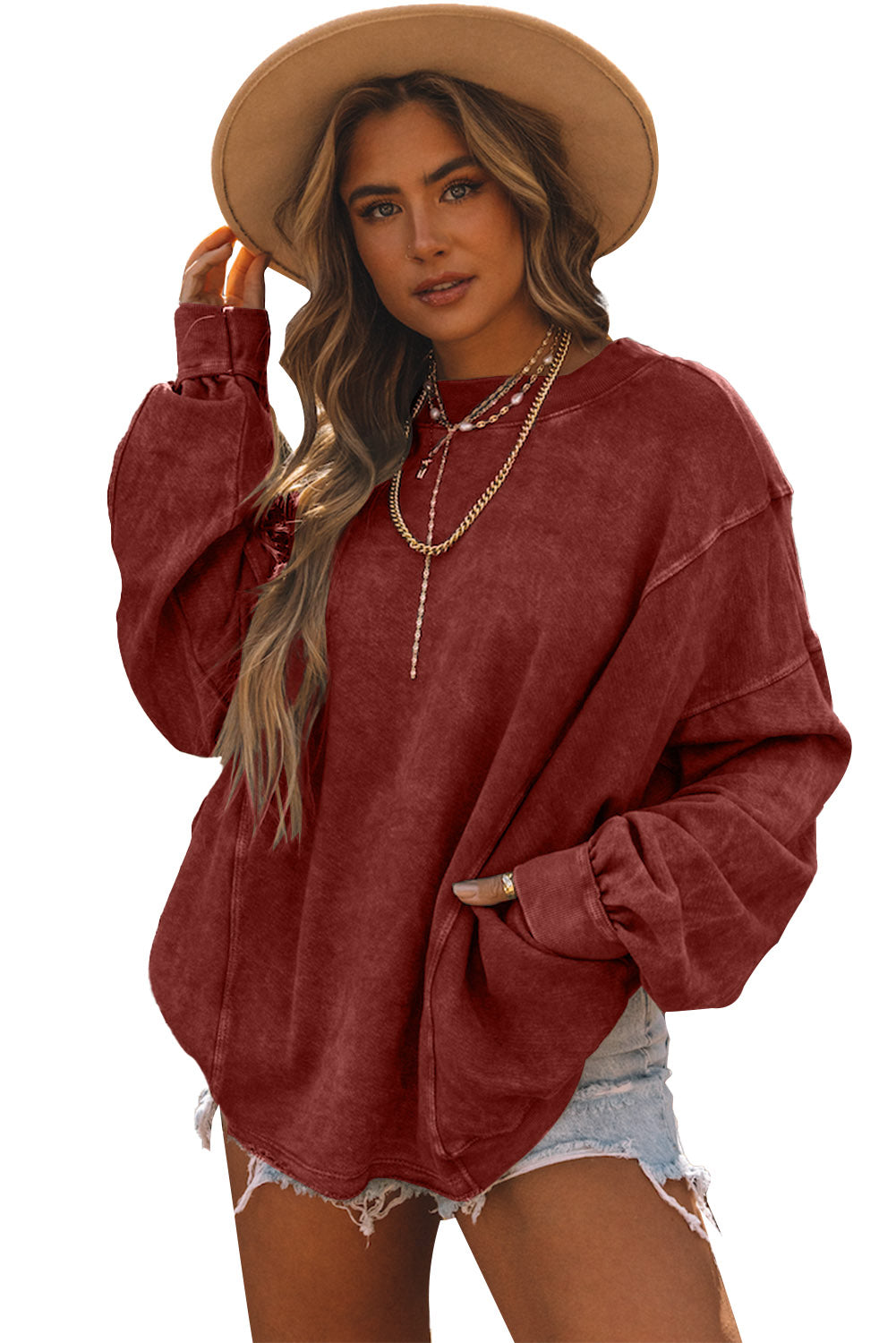 Red Exposed Seam Twist Open Back Oversized Sweatshirt - Premium Tops from Momma Done Gone Crafty- Just $50.40! Shop now at Momma Done Gone Crafty