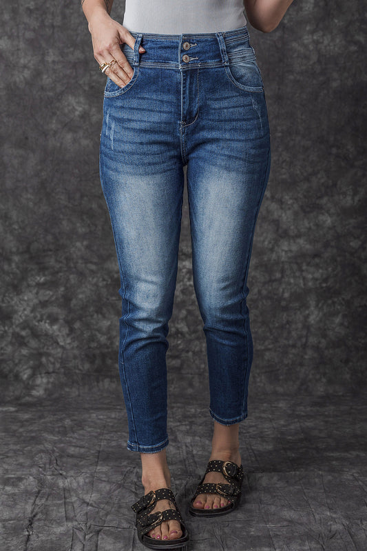 Blue Vintage Washed Two-button High Waist Skinny Jeans - Premium Bottoms from Momma Done Gone Crafty- Just $69.54! Shop now at Momma Done Gone Crafty