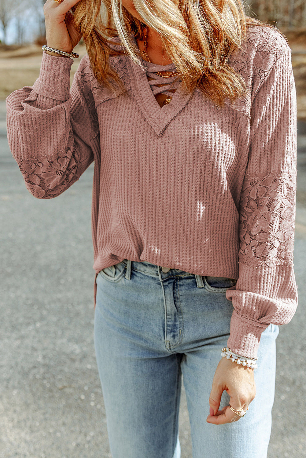 Pink Lace Waffle Patchwork Strappy V Neck Long Sleeve Top - Premium Tops from Momma Done Gone Crafty- Just $38.40! Shop now at Momma Done Gone Crafty