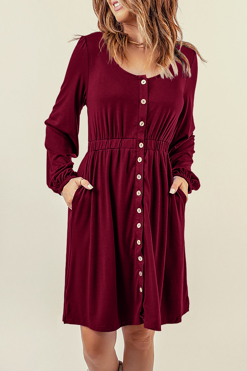 Red Button Up High Waist Long Sleeve Dress - Premium Dresses from Momma Done Gone Crafty- Just $44.40! Shop now at Momma Done Gone Crafty