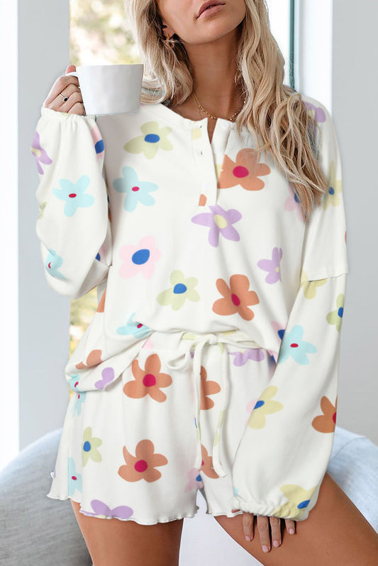 White Floral Long Sleeve Henley Top and Drawstring Shorts Set - Premium Loungewear from Momma Done Gone Crafty- Just $60.27! Shop now at Momma Done Gone Crafty