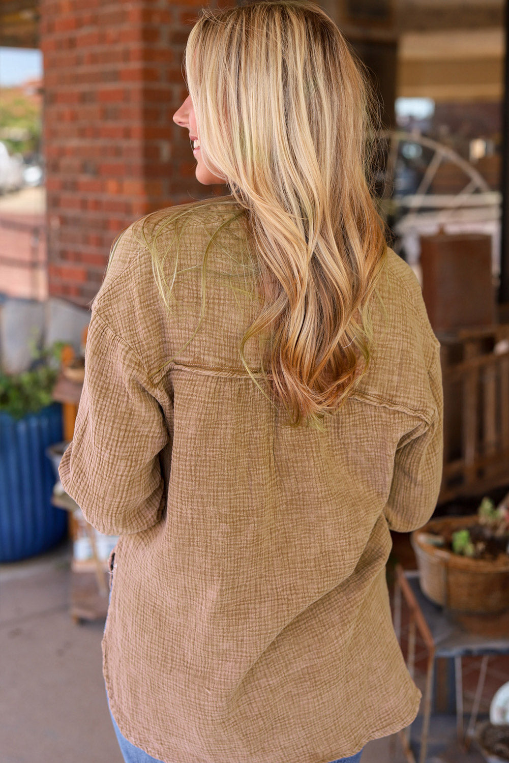 Brown Crinkle Textured Loose Henley Top - Premium Tops from Momma Done Gone Crafty- Just $51.60! Shop now at Momma Done Gone Crafty