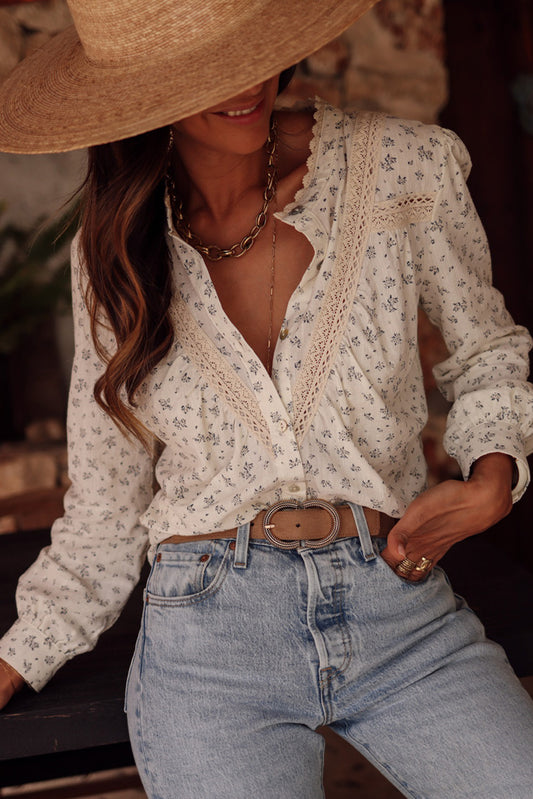 Beige Lace Patch Floral Button-Up Shirt - Premium Tops from Momma Done Gone Crafty- Just $43.23! Shop now at Momma Done Gone Crafty