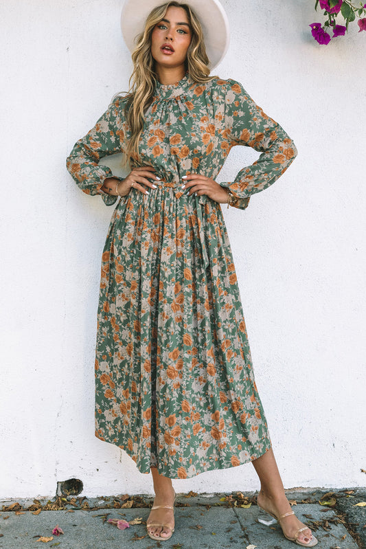 Green Pleated Long Sleeve Maxi Floral Dress with Tie - Premium Dresses from Momma Done Gone Crafty- Just $33.60! Shop now at Momma Done Gone Crafty
