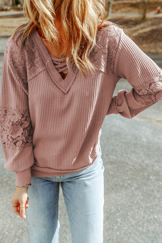 Pink Lace Waffle Patchwork Strappy V Neck Long Sleeve Top - Premium Tops from Momma Done Gone Crafty- Just $38.40! Shop now at Momma Done Gone Crafty