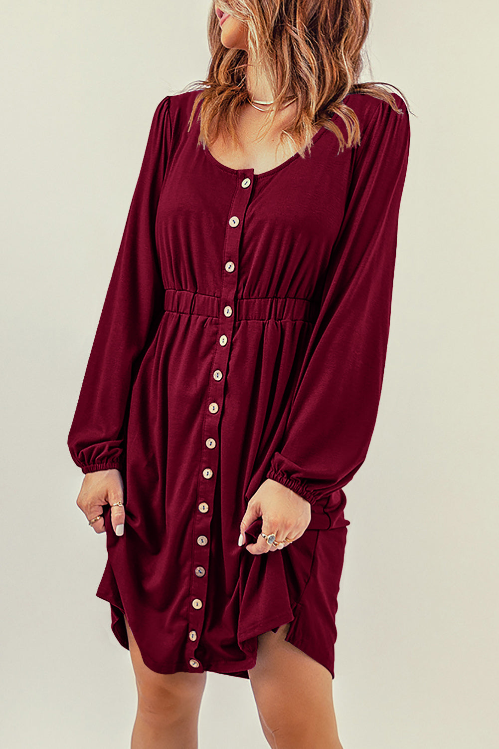 Red Button Up High Waist Long Sleeve Dress - Premium Dresses from Momma Done Gone Crafty- Just $44.40! Shop now at Momma Done Gone Crafty