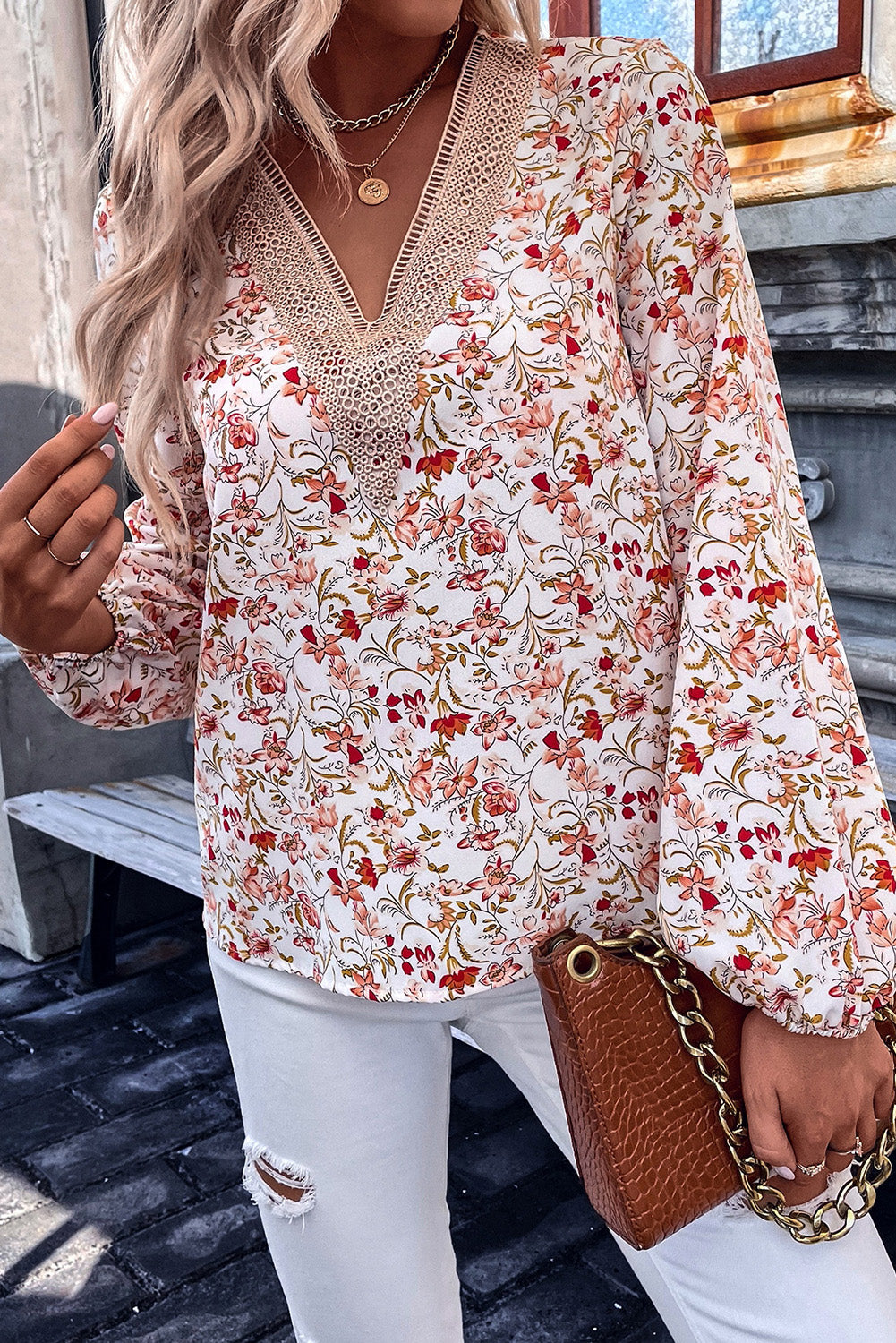 White Floral Long Sleeve Lace V-Neck Blouse - Premium Tops from Momma Done Gone Crafty- Just $29.88! Shop now at Momma Done Gone Crafty