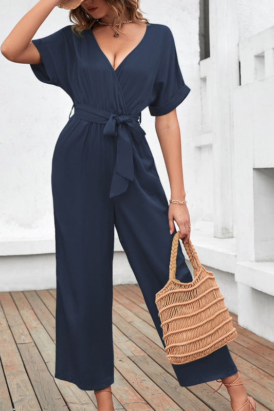 Tie Waist Surplice Wide Leg Jumpsuit - Premium  from Momma Done Gone Crafty- Just $41.99! Shop now at Momma Done Gone Crafty