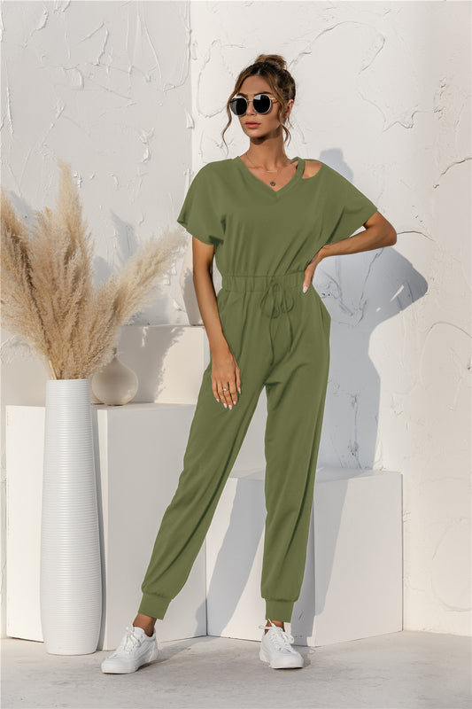 Cut Out V-neck Drawstring Jumpsuit - Premium  from Momma Done Gone Crafty- Just $38.99! Shop now at Momma Done Gone Crafty
