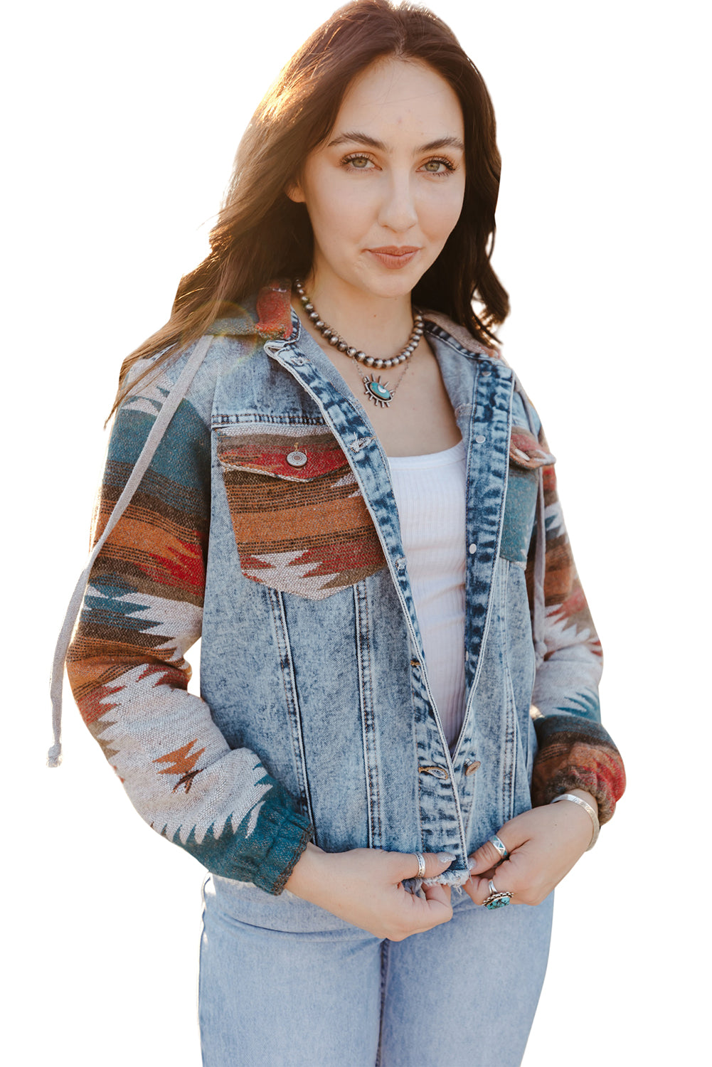 Multicolor Aztec Print Frayed Hem Denim Jacket - Premium Outerwear from Momma Done Gone Crafty- Just $46.00! Shop now at Momma Done Gone Crafty