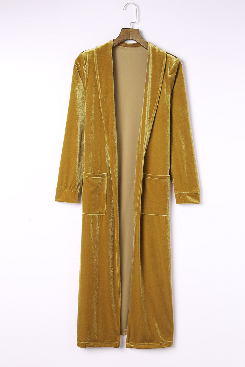 Yellow Velvet Open Front Pocketed Long Duster - Premium Tops from Momma Done Gone Crafty- Just $52.99! Shop now at Momma Done Gone Crafty