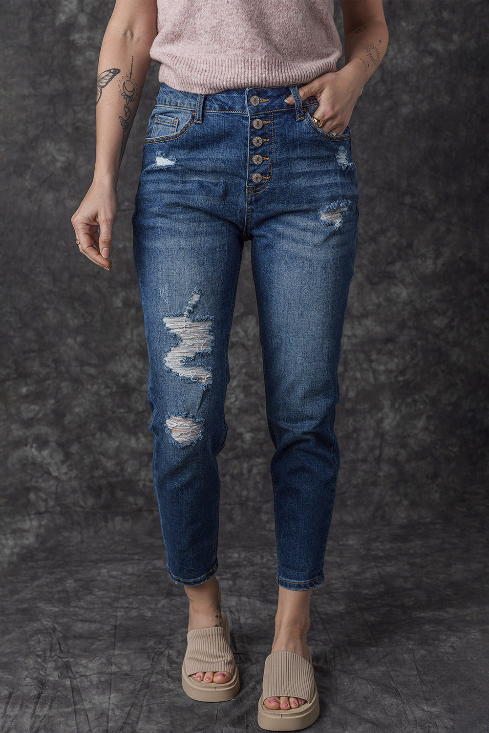 Blue Distressed Button Fly High Waist Skinny Jeans - Premium Bottoms from Momma Done Gone Crafty- Just $35.40! Shop now at Momma Done Gone Crafty