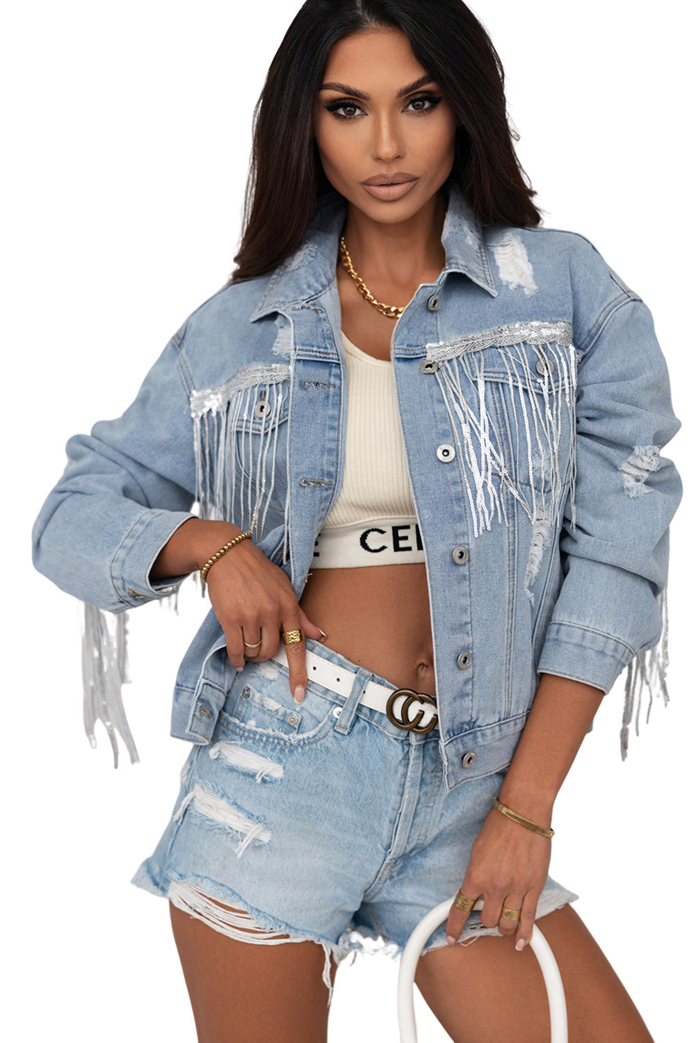 Sky Blue Sequin Embellished Fringe Distressed Denim Jacket - Premium Outerwear from Momma Done Gone Crafty- Just $52.80! Shop now at Momma Done Gone Crafty