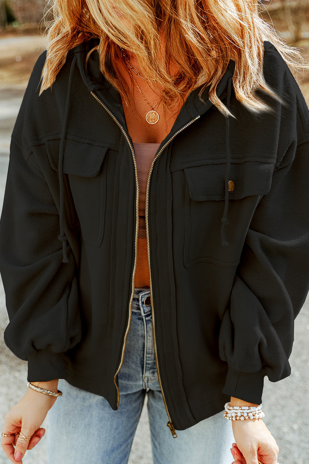 Black Flap Pocket Drawstring Hood Zip Up Jacket - Premium Outerwear from Momma Done Gone Crafty- Just $38.99! Shop now at Momma Done Gone Crafty