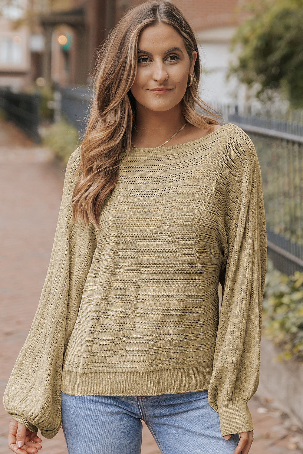 Apricot Lantern Sleeve Eyelets Textured Knit Sweater - Premium Tops from Momma Done Gone Crafty- Just $37.20! Shop now at Momma Done Gone Crafty