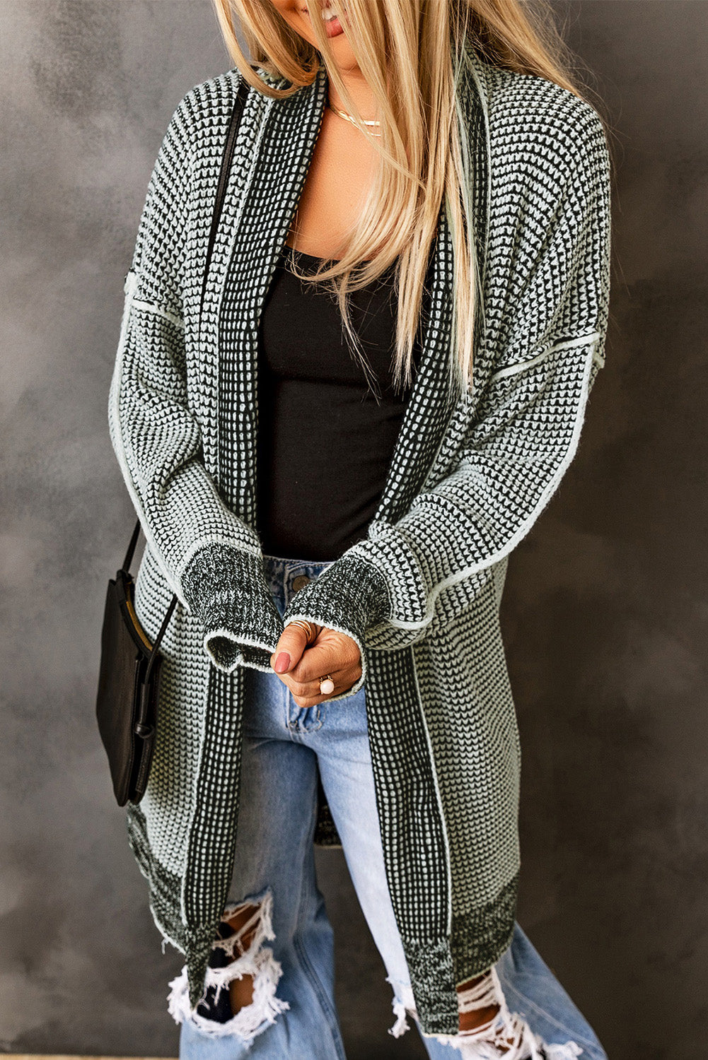 Gray Plaid Knitted Long Open Front Cardigan - Premium Tops from Momma Done Gone Crafty- Just $35.94! Shop now at Momma Done Gone Crafty