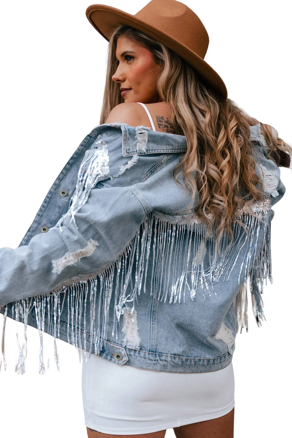 Sky Blue Sequin Embellished Fringe Distressed Denim Jacket - Premium Outerwear from Momma Done Gone Crafty- Just $52.80! Shop now at Momma Done Gone Crafty