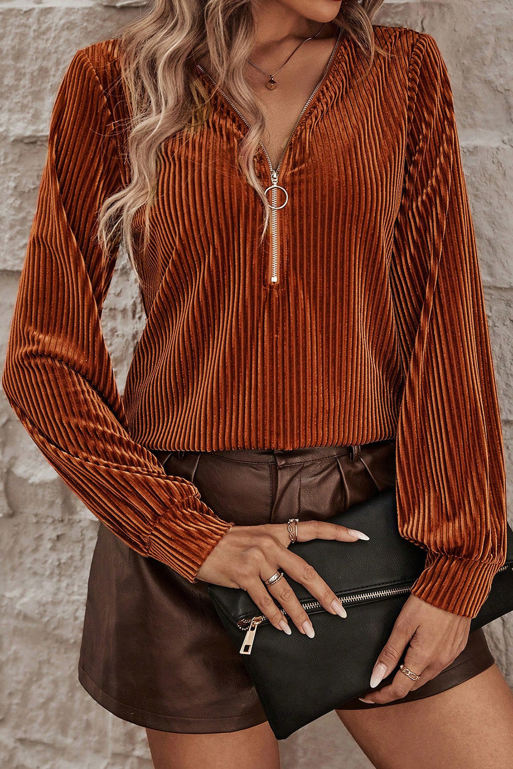 Chestnut Half Zip V Neck Ribbed Velvet Top - Premium Tops/Long Sleeve Tops from Momma Done Gone Crafty- Just $24.99! Shop now at Momma Done Gone Crafty