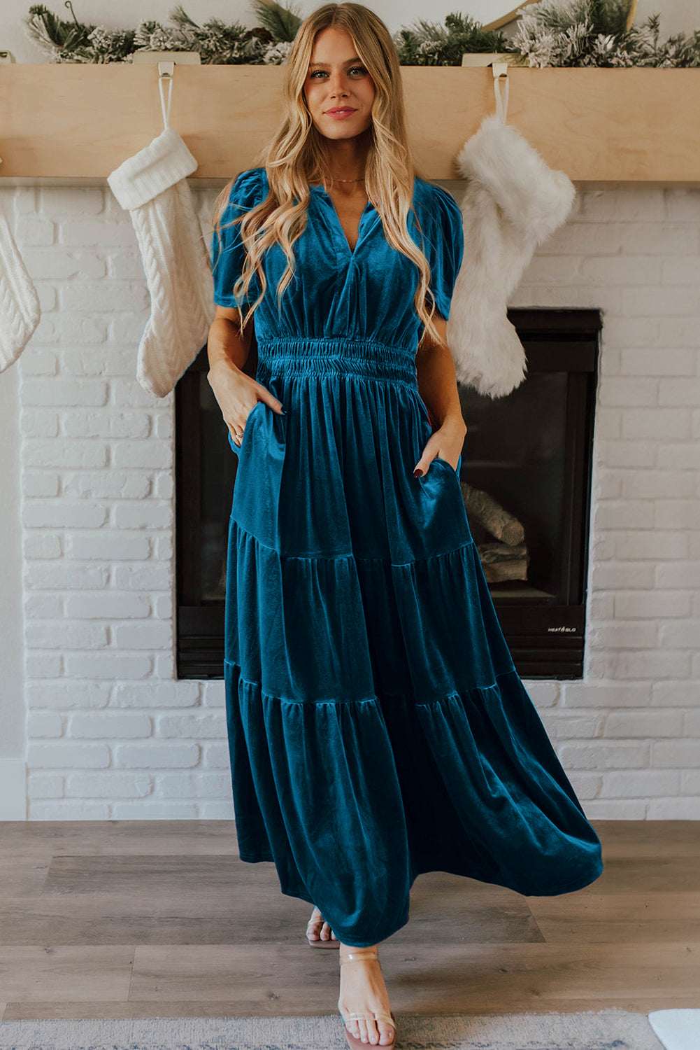 Prussian Blue Velvet Short Sleeve Shirred Waist Tiered Maxi Dress - Premium Dresses/Maxi Dresses from Momma Done Gone Crafty- Just $52.99! Shop now at Momma Done Gone Crafty