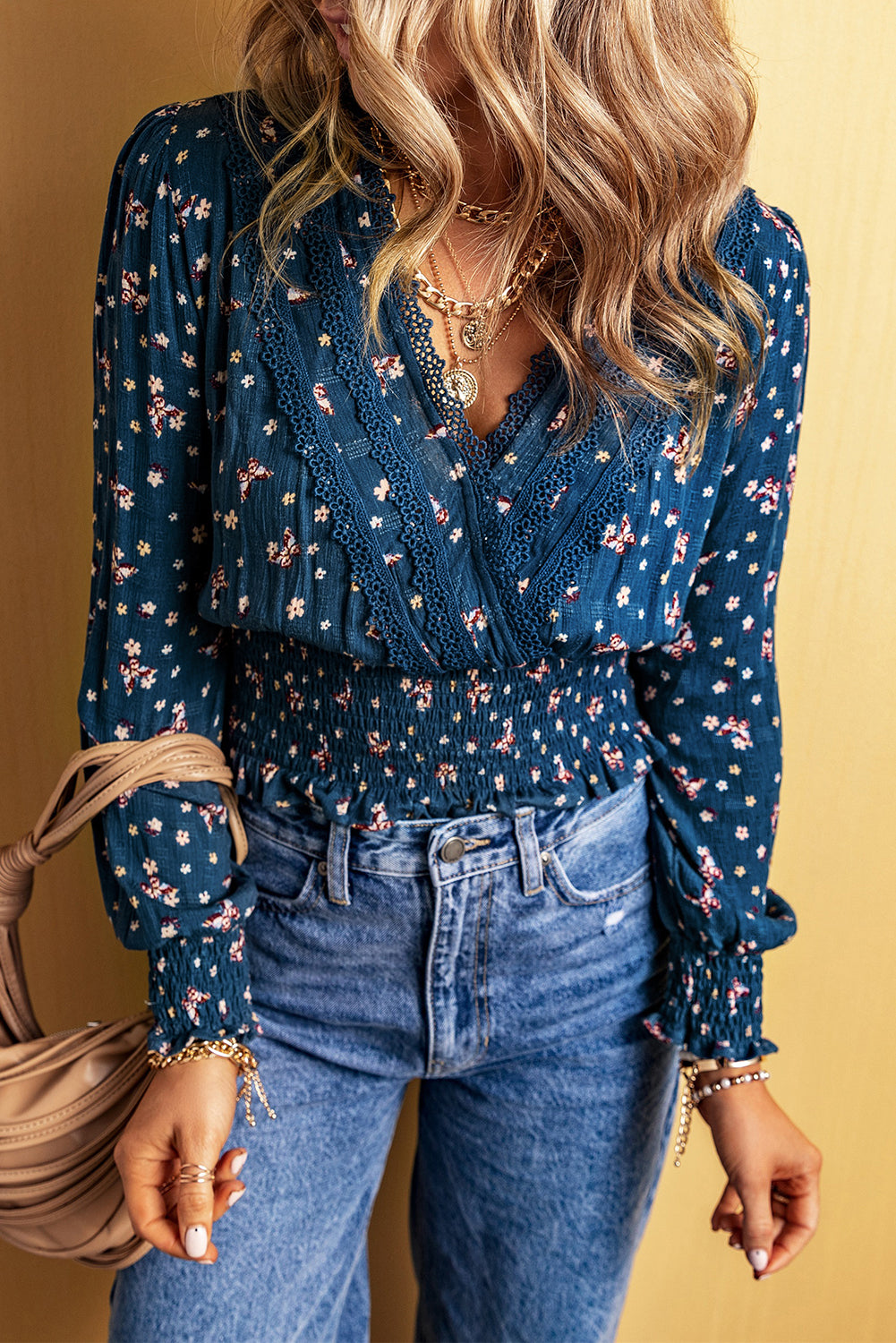 Blue Lace Trim V Neck Floral Smocked Long Sleeve Blouse - Premium Tops from Momma Done Gone Crafty- Just $35.82! Shop now at Momma Done Gone Crafty