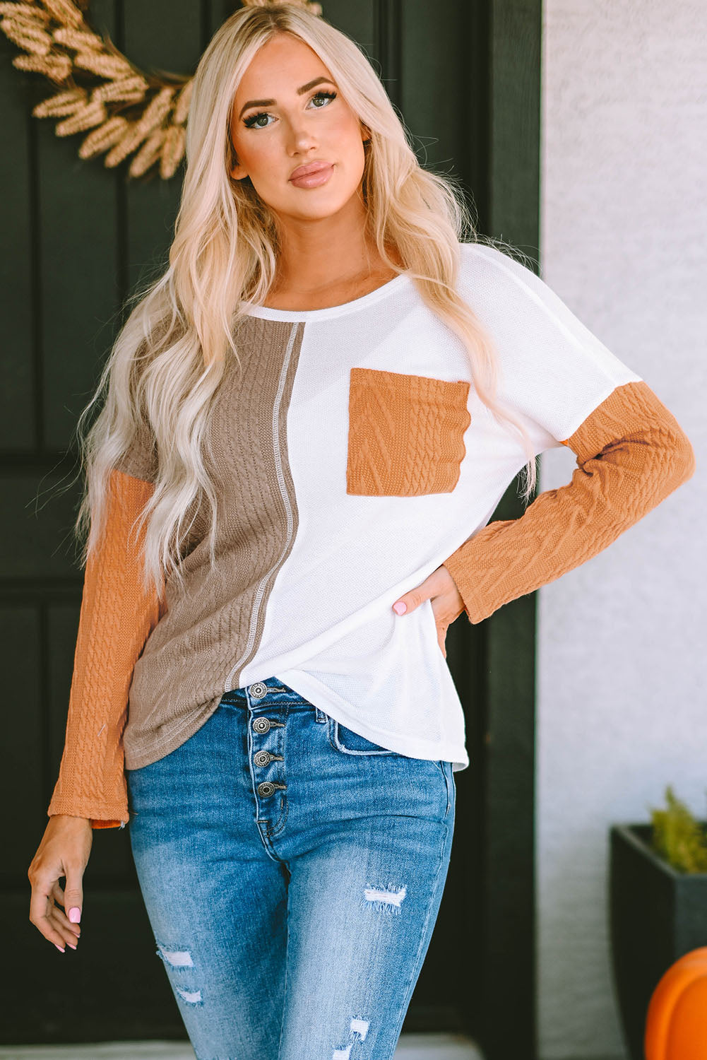 Orange Long Sleeve Colorblock Chest Pocket Textured Knit Top - Premium Tops from Momma Done Gone Crafty- Just $19.20! Shop now at Momma Done Gone Crafty