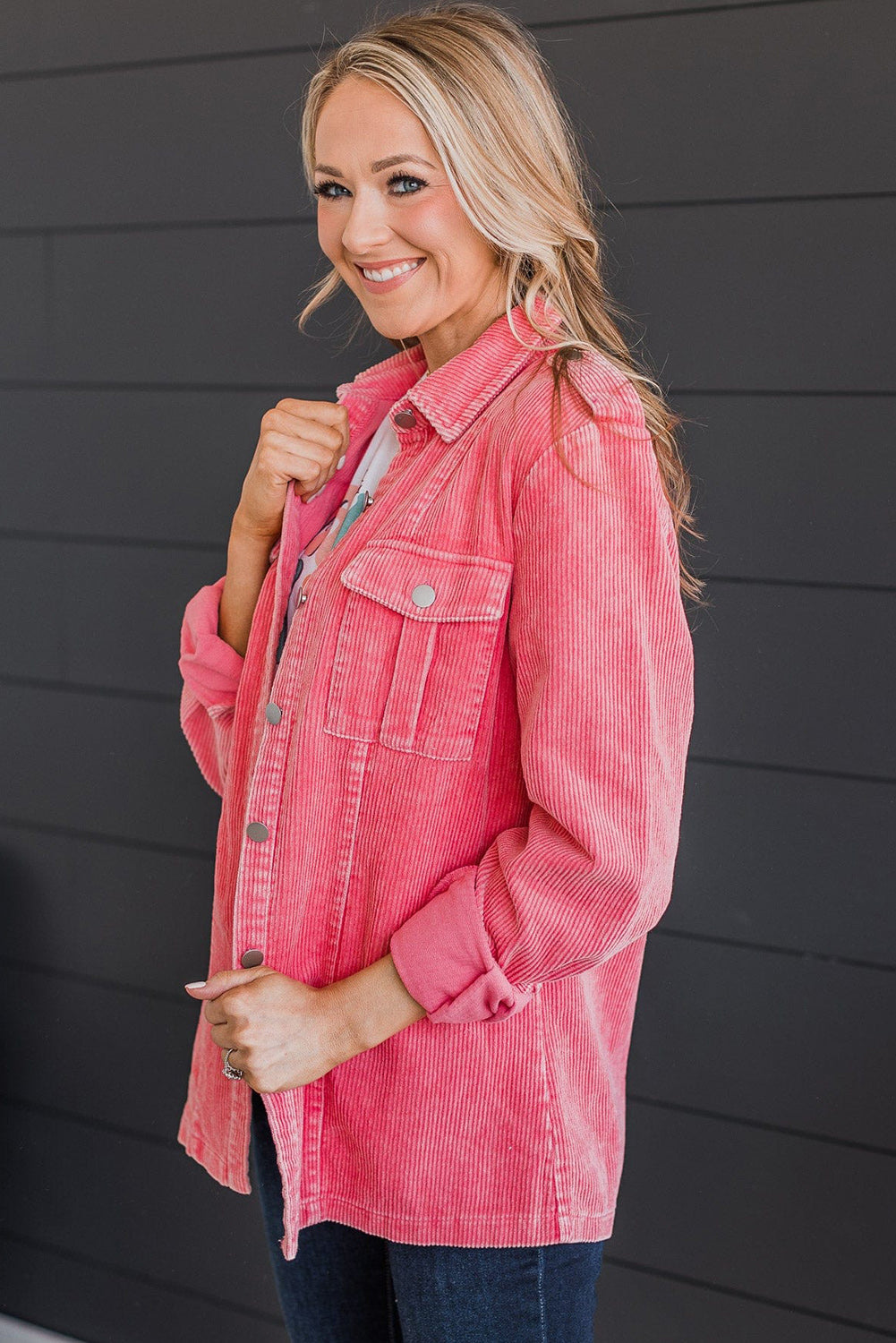 Pink Buttoned Flap Pocket Corduroy Jacket - Premium Outerwear from Momma Done Gone Crafty- Just $42.99! Shop now at Momma Done Gone Crafty