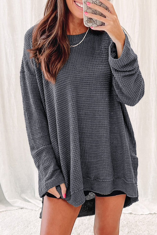 Gray Waffle Knit High Slits Oversized Top - Premium Tops from Momma Done Gone Crafty- Just $32.97! Shop now at Momma Done Gone Crafty