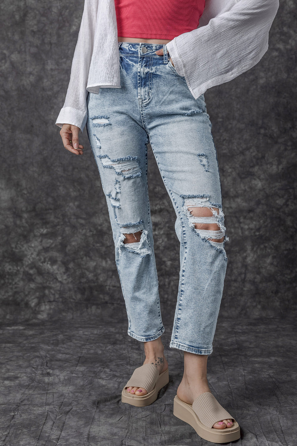 Sky Blue Light Wash Frayed Slim Fit High Waist Jeans - Premium Bottoms from Momma Done Gone Crafty- Just $71.97! Shop now at Momma Done Gone Crafty