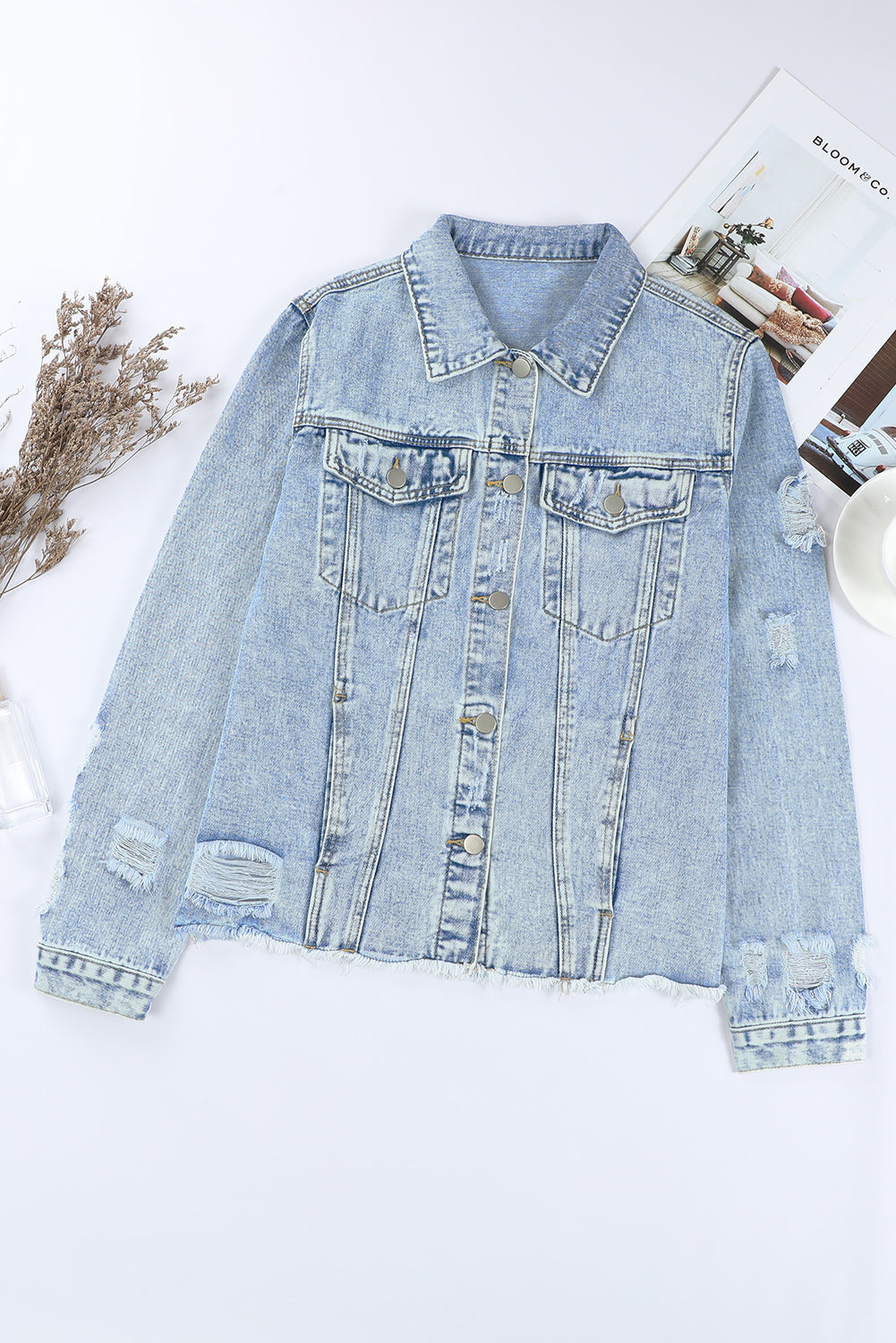 Sky Blue Lapel Distressed Raw Hem Buttons Denim Jacket - Premium Outerwear from Momma Done Gone Crafty- Just $44.00! Shop now at Momma Done Gone Crafty