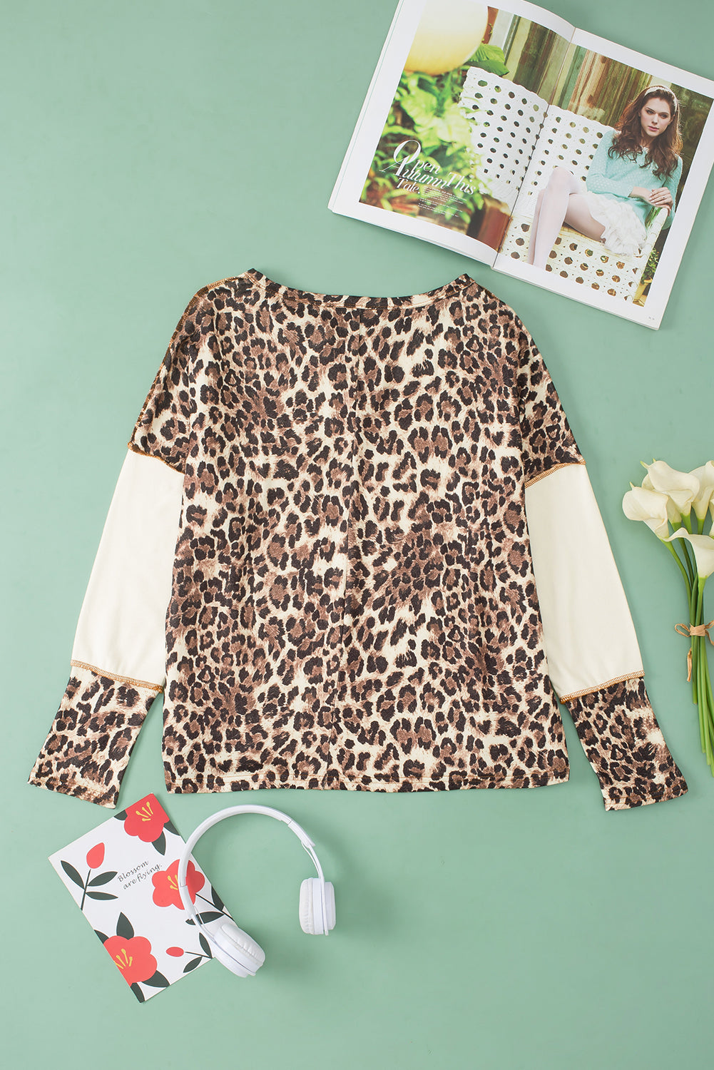 White Leopard Color Block Patchwork Split Neck Long Sleeve Top - Premium Tops from Momma Done Gone Crafty- Just $24.99! Shop now at Momma Done Gone Crafty