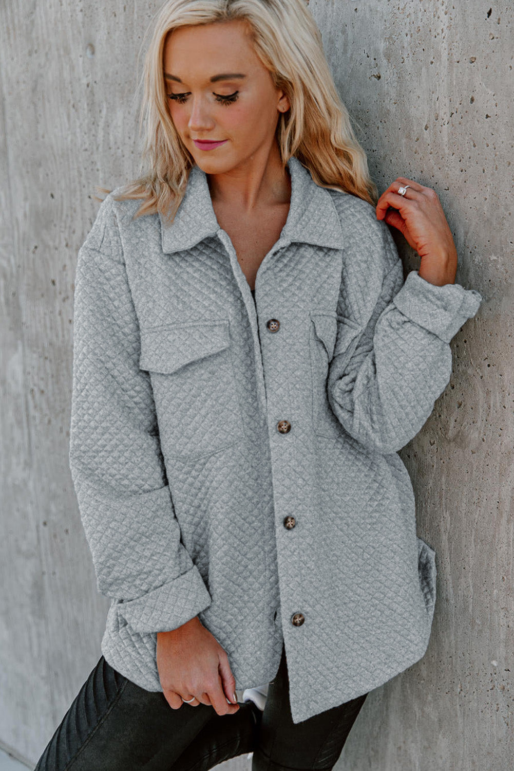 Gray Lattice Texture Retro Flap Pocket Button Shacket - Premium Outerwear from Momma Done Gone Crafty- Just $35.99! Shop now at Momma Done Gone Crafty