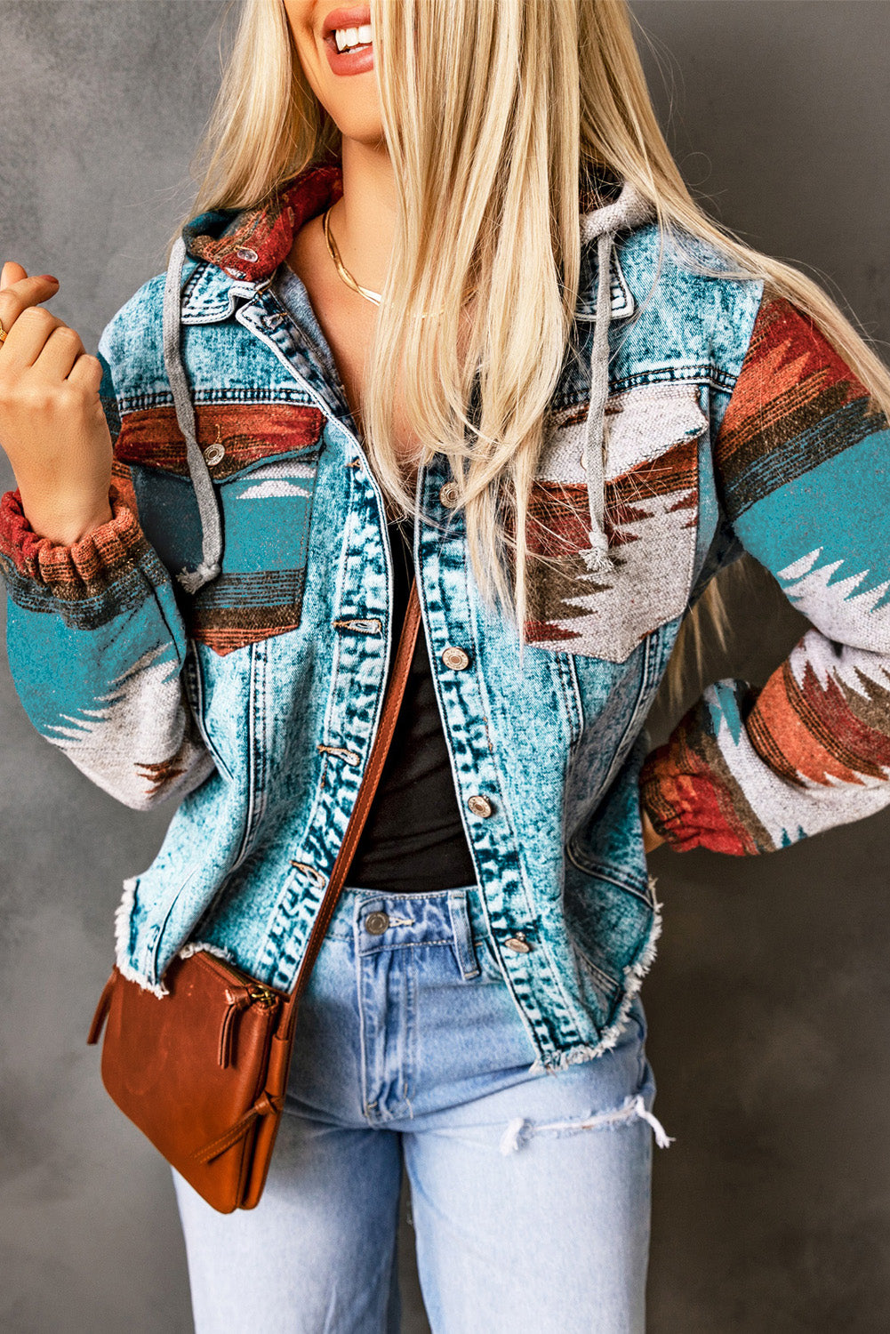 Multicolor Aztec Print Frayed Hem Denim Jacket - Premium Outerwear from Momma Done Gone Crafty- Just $46! Shop now at Momma Done Gone Crafty