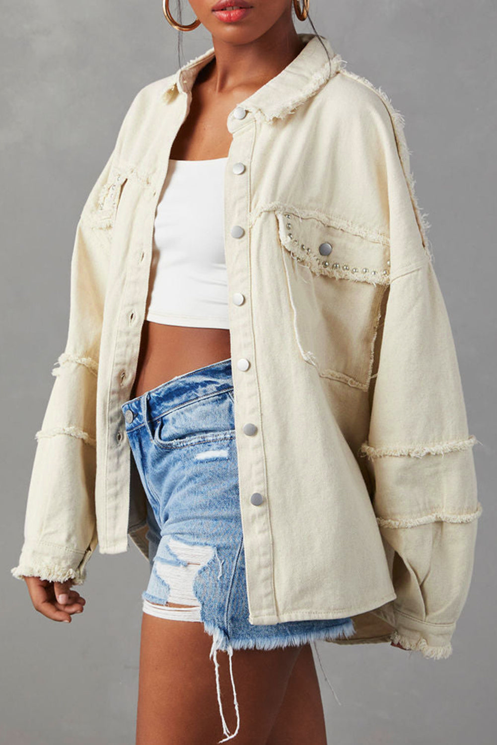 White Frayed Exposed Seam Denim Jacket - Premium Outerwear/Denim jackets from Momma Done Gone Crafty- Just $55! Shop now at Momma Done Gone Crafty