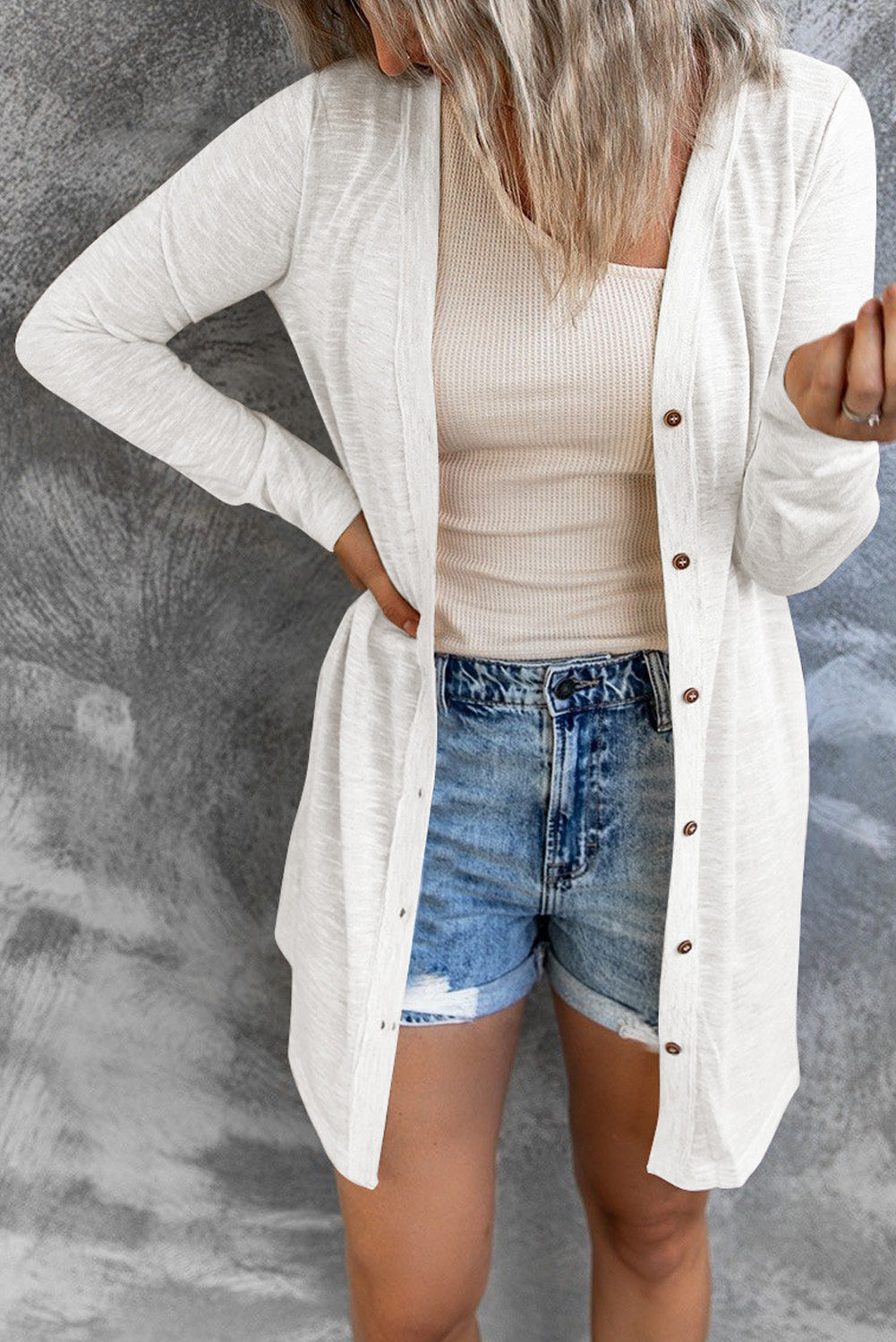 White Solid Color Open-Front Buttons Cardigan - Premium Tops from Momma Done Gone Crafty- Just $19.80! Shop now at Momma Done Gone Crafty