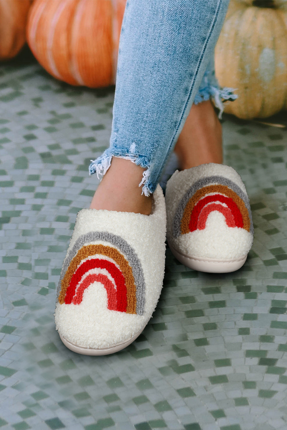 White Rainbow Plush Winter Home Slippers - Premium Shoes & Bags from Momma Done Gone Crafty- Just $21.99! Shop now at Momma Done Gone Crafty