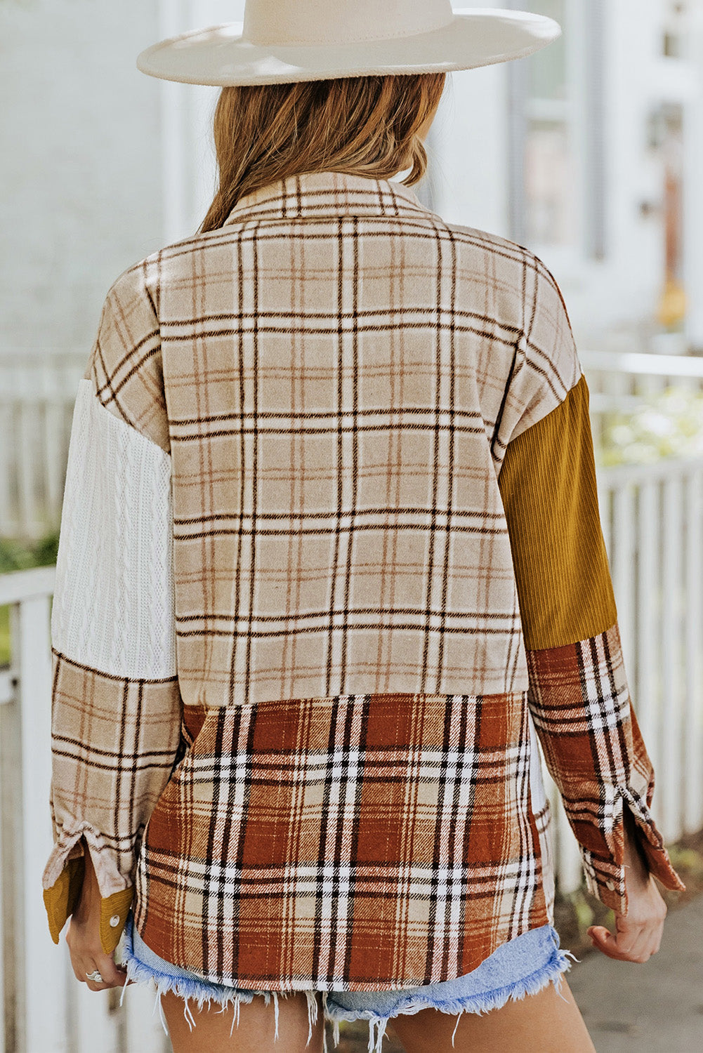 Orange Plaid Color Block Patchwork Shirt Jacket with Pocket - Premium Outerwear from Momma Done Gone Crafty- Just $35.99! Shop now at Momma Done Gone Crafty